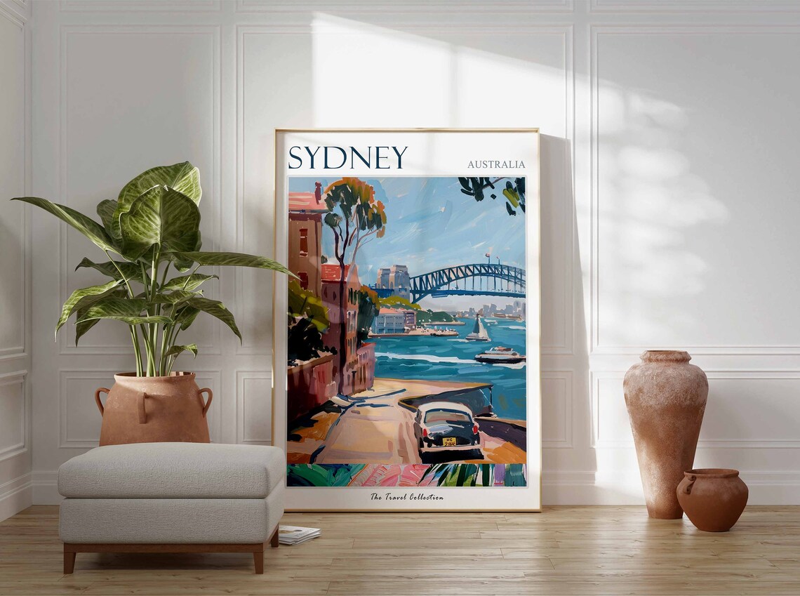 Sydney Harbour Bridge and Classic Car Vintage Travel Art Poster - Image 3
