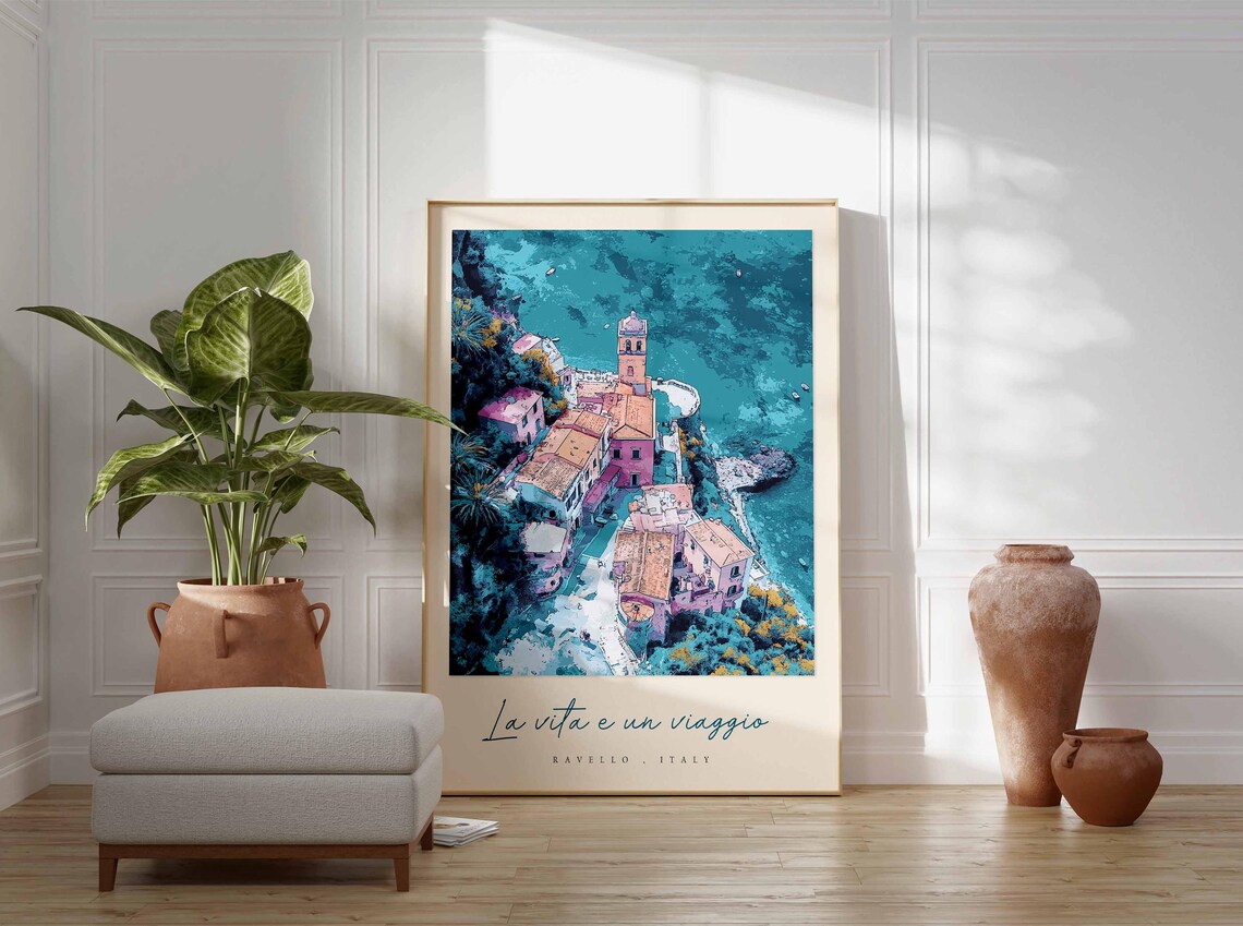 Ravello Italy Aerial Rocky Shore Village Teal Water Art Poster - Image 3