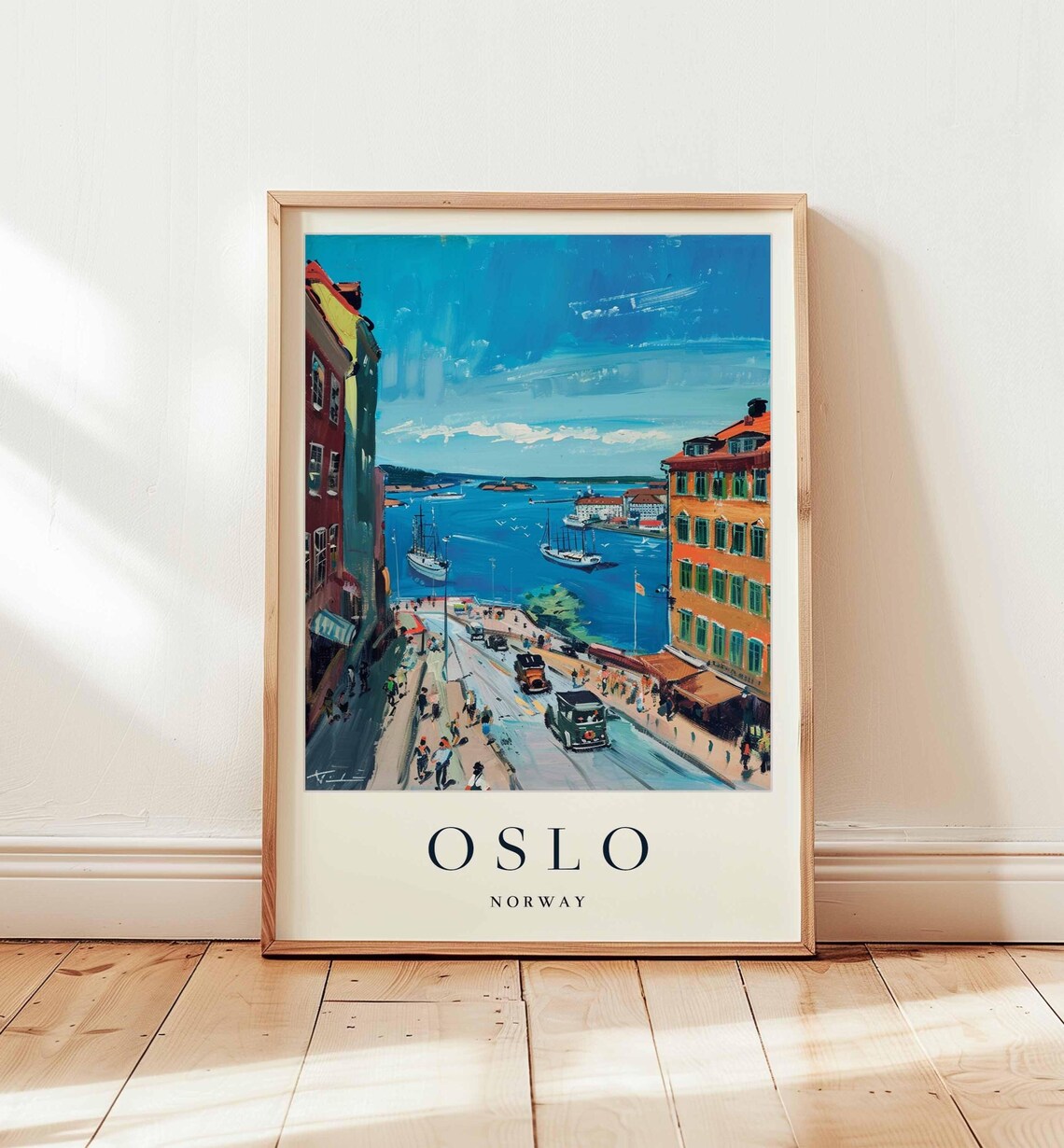 Oslo Waterfront Street Vintage Cars Sailboats Fjord Harbor Poster