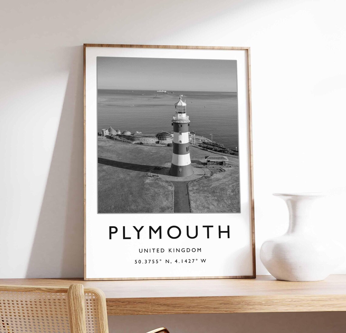 Plymouth England Black And White Lighthouse Coast Photo Poster