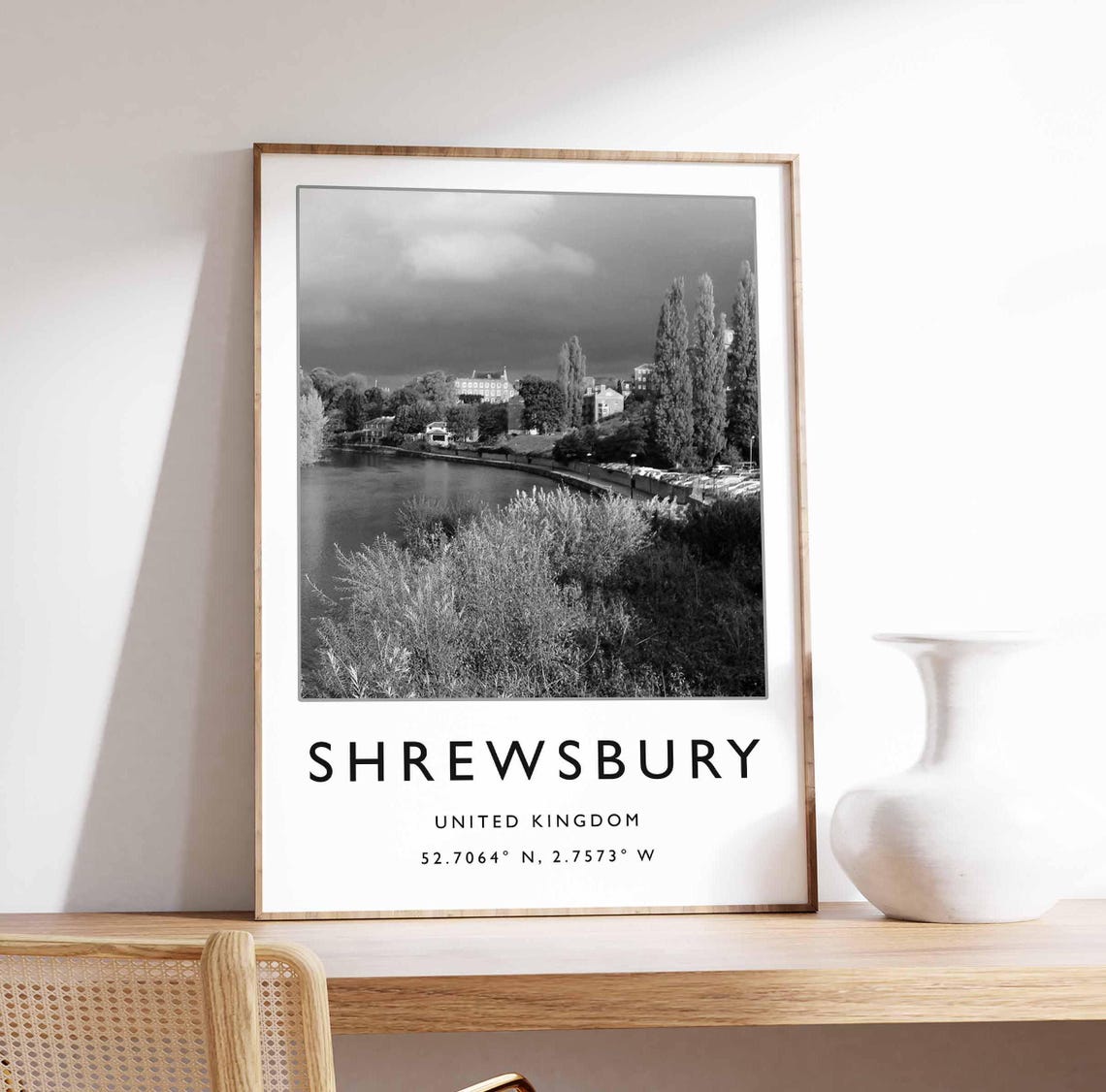 Shrewsbury River Severn Riverside Town Black White Photo Poster