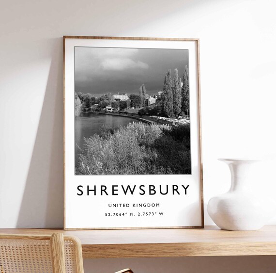 Shrewsbury River Severn Riverside Town Black White Photo Poster