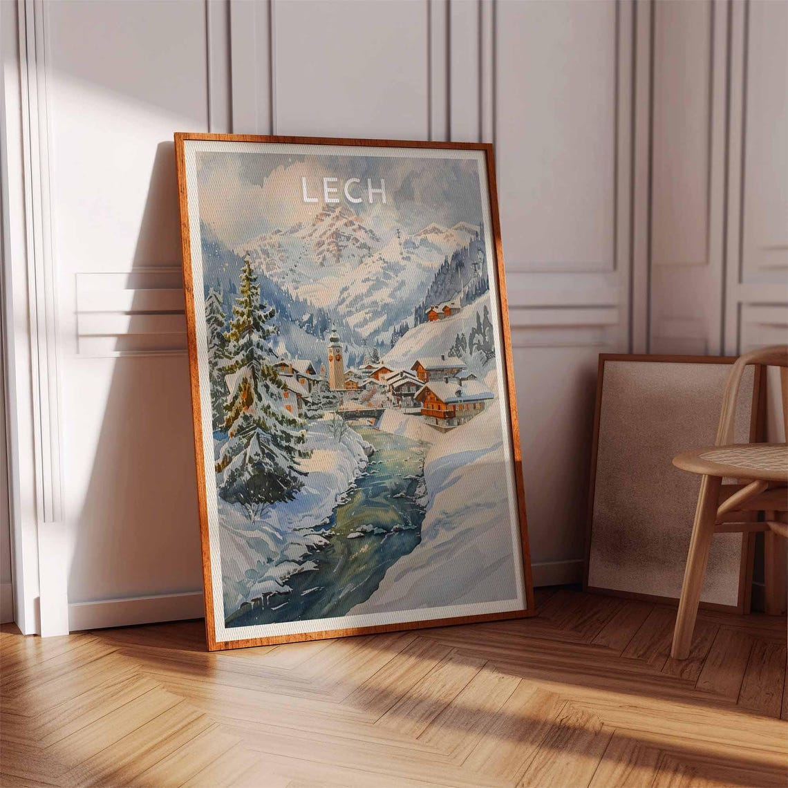 Lech Austria Watercolor Snowy Village and Alpine River Travel Poster - Image 3