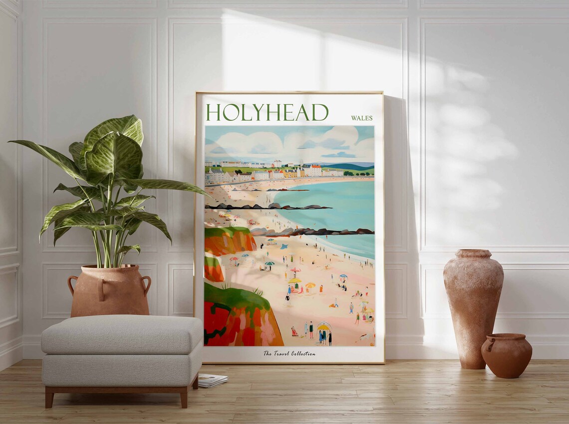Holyhead Wales Cliffs Umbrellas Beach Day Seaside Scene Poster - Image 3