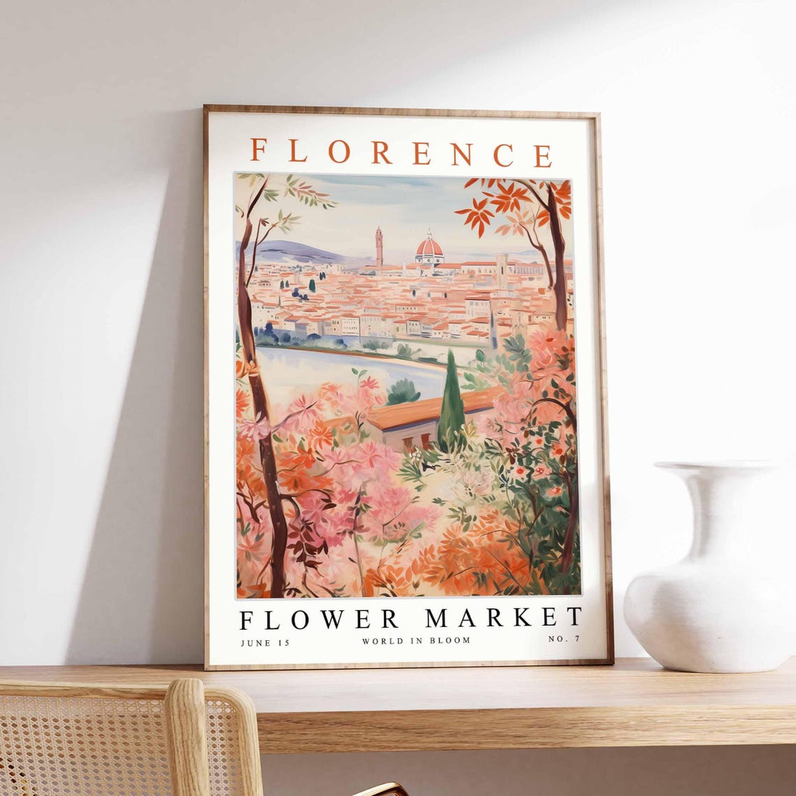 Florence Flower Market Riverside Trees Pink Blossom Scene Poster