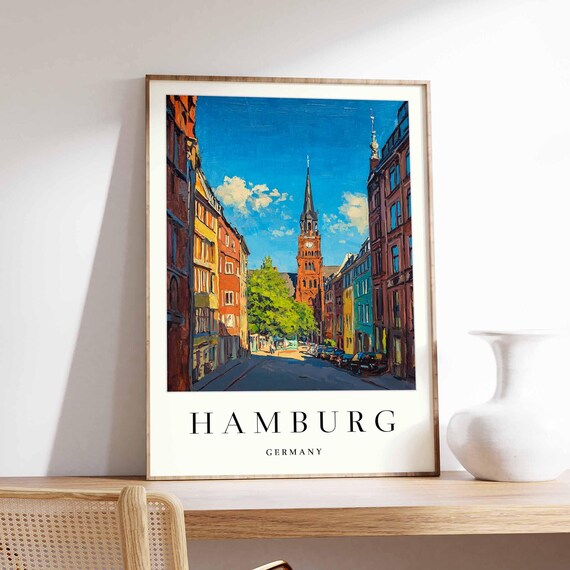 Hamburg Germany Church Tower Street Warm Colour Travel Poster