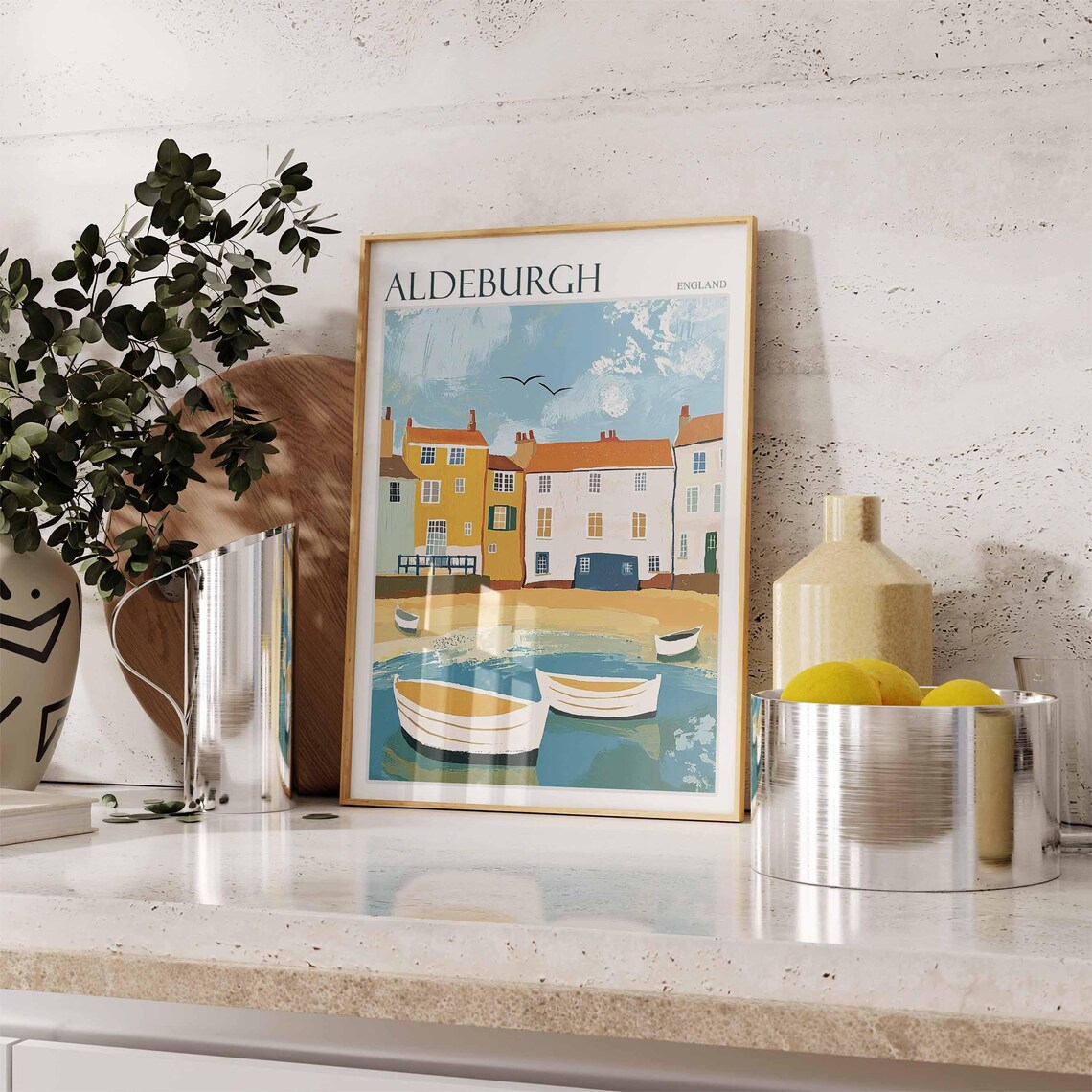 Aldeburgh Suffolk Harbour Boats and Pastel Houses Naive Travel Poster - Image 2