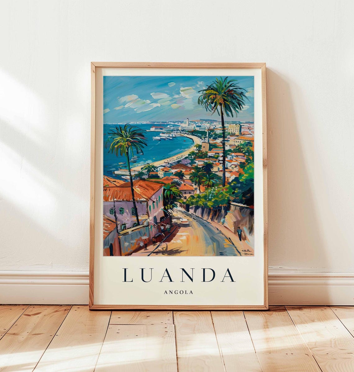 Luanda Angola Palm Lined Coastal Road Harbor Travel Art Poster
