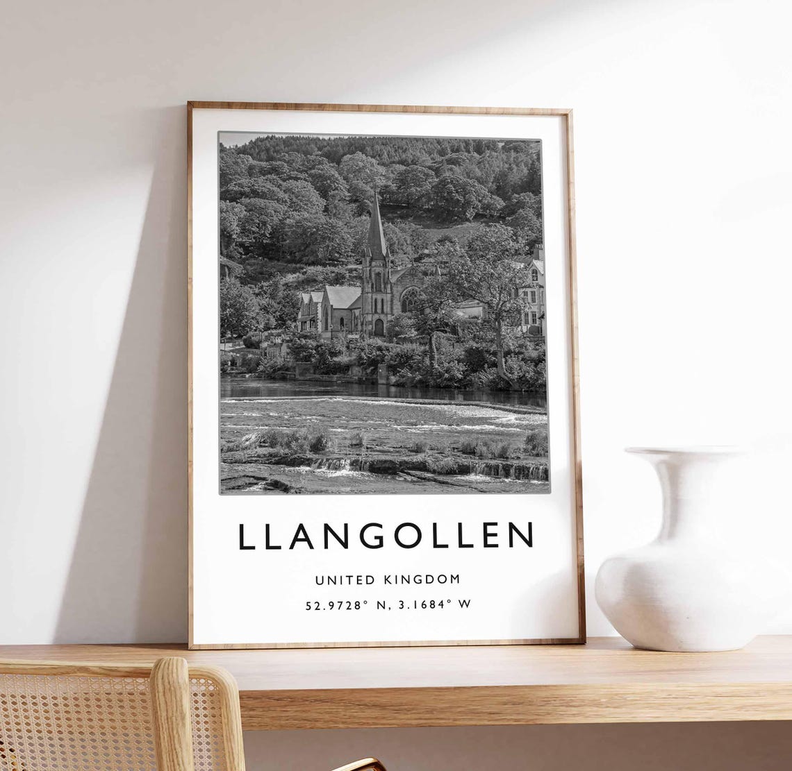 Llangollen United Kingdom Black White Church River Photo Poster