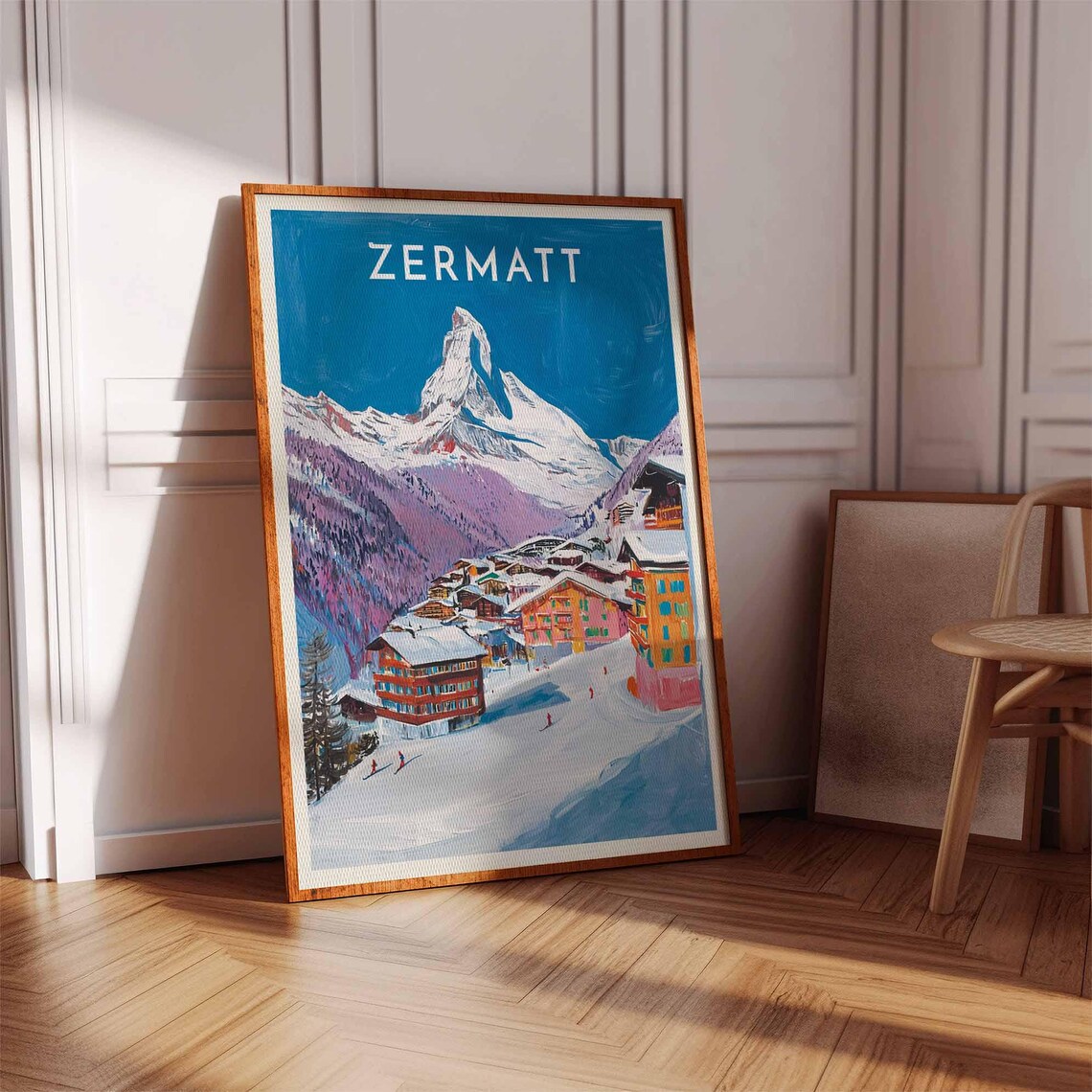 Zermatt Switzerland Matterhorn Village Skiers Color Travel Poster - Image 3