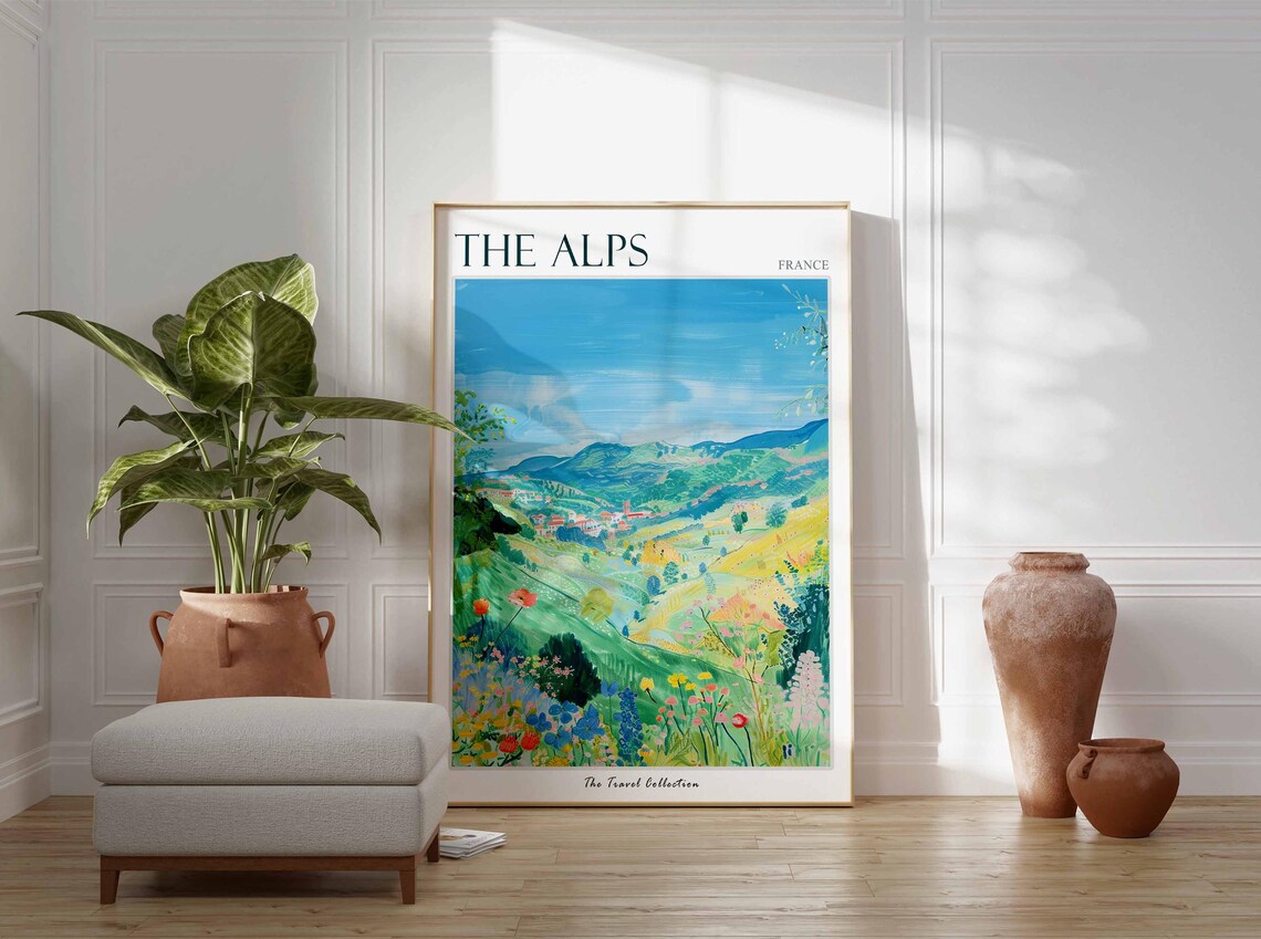 The Alps France Wildflower Meadow Hillside Painting Travel Poster - Image 3