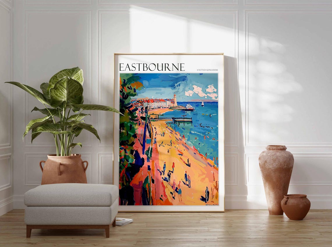 Eastbourne Beachfront Pier Lighthouse Bathers Fauvist Painting Poster - Image 3