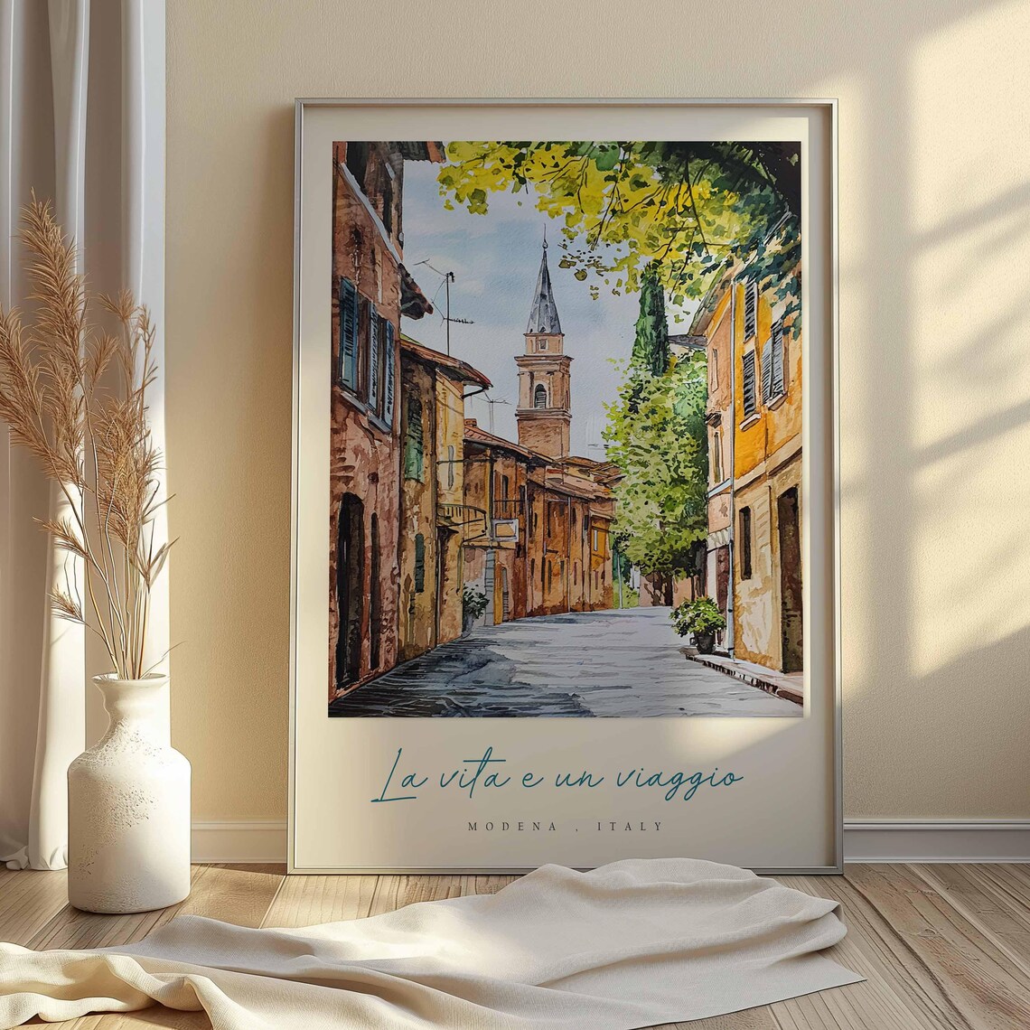 Modena Cobblestone Street Church Tower Watercolor Italy Travel Poster - Image 2