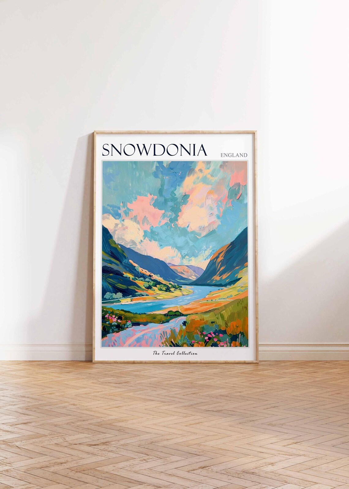 Snowdonia Pink Cloud River Valley Pastel Landscape Art Poster - Image 2