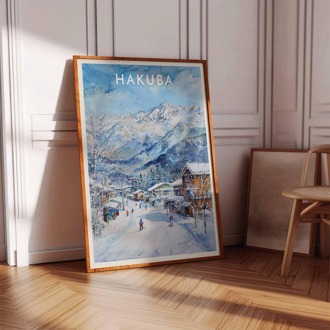 Hakuba Japan Watercolor Village Street Skiers Winter Scene Poster - Image 2