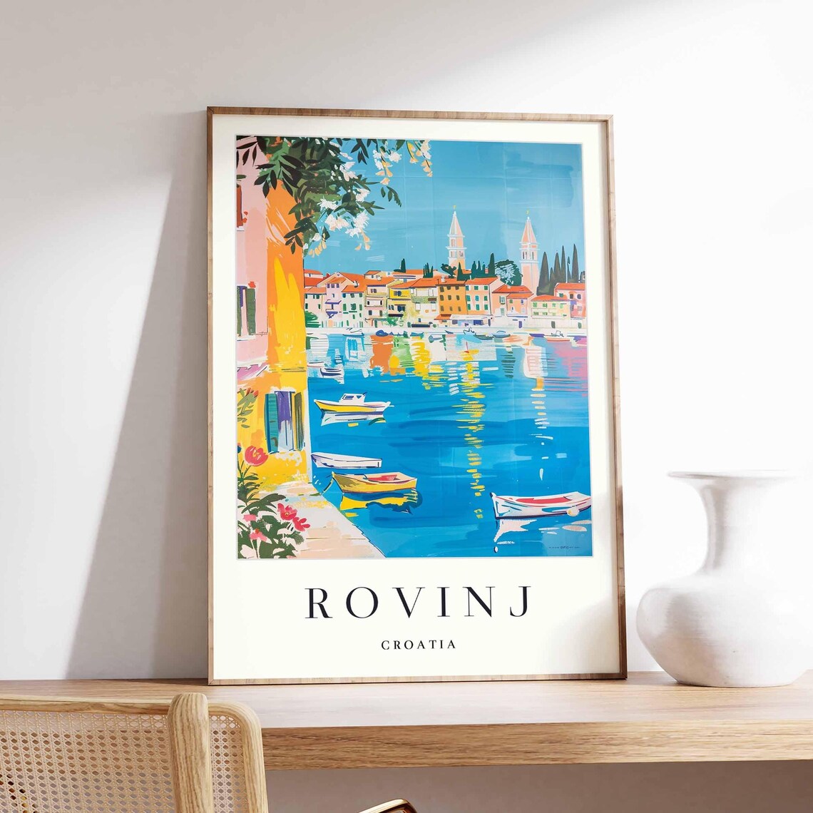 Rovinj Croatia Bright Harbor Scene with Flowers and Boats Poster