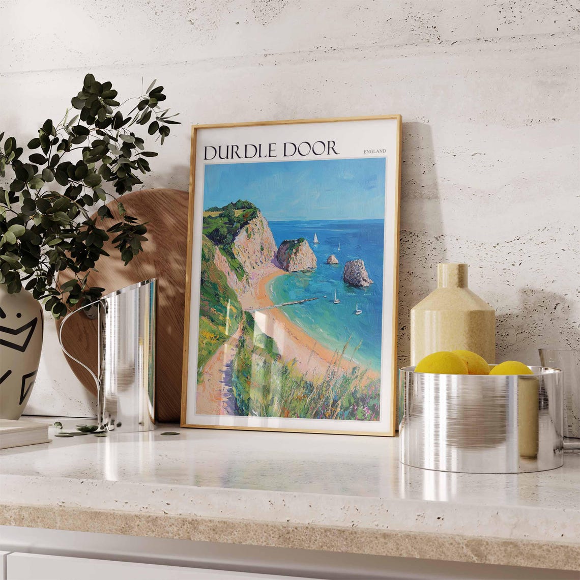 Durdle Door England Sea Stacks Sailboats Beach Path Painting Poster - Image 2