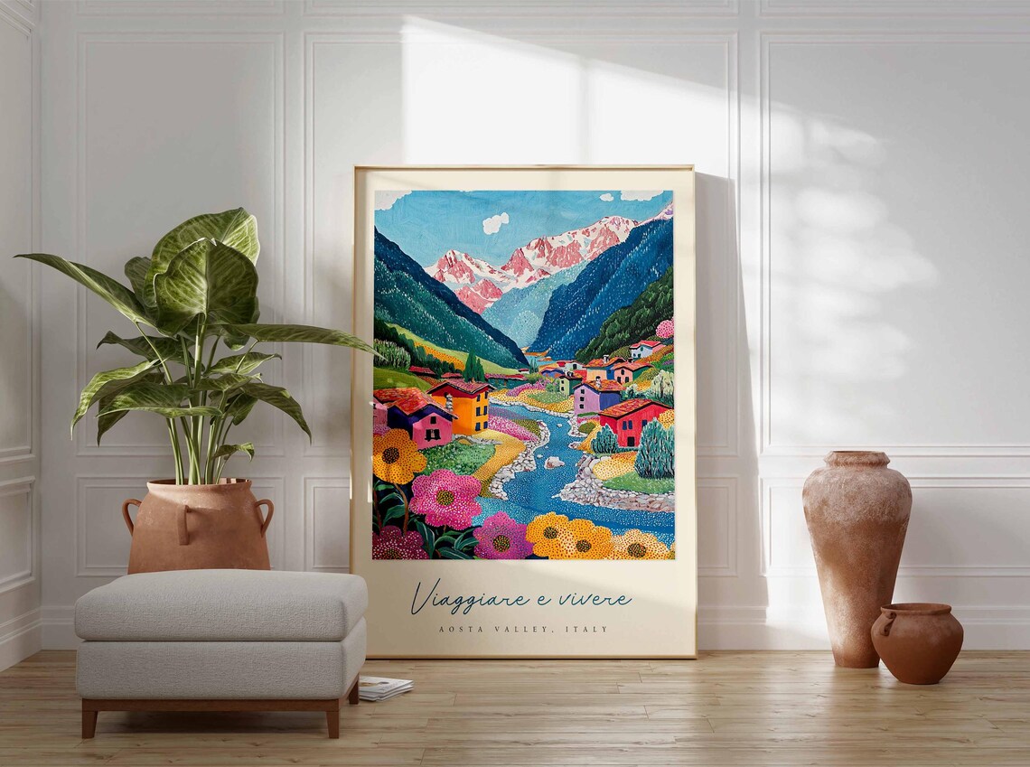 Aosta Valley Colorful River Village Giant Flowers Art Poster - Image 3