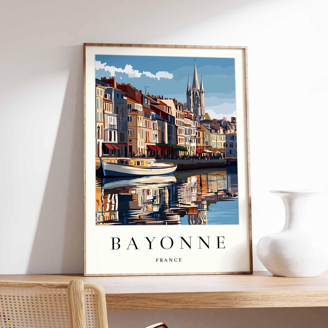 Bayonne France Historic Waterfront Cathedral Reflection Travel Poster
