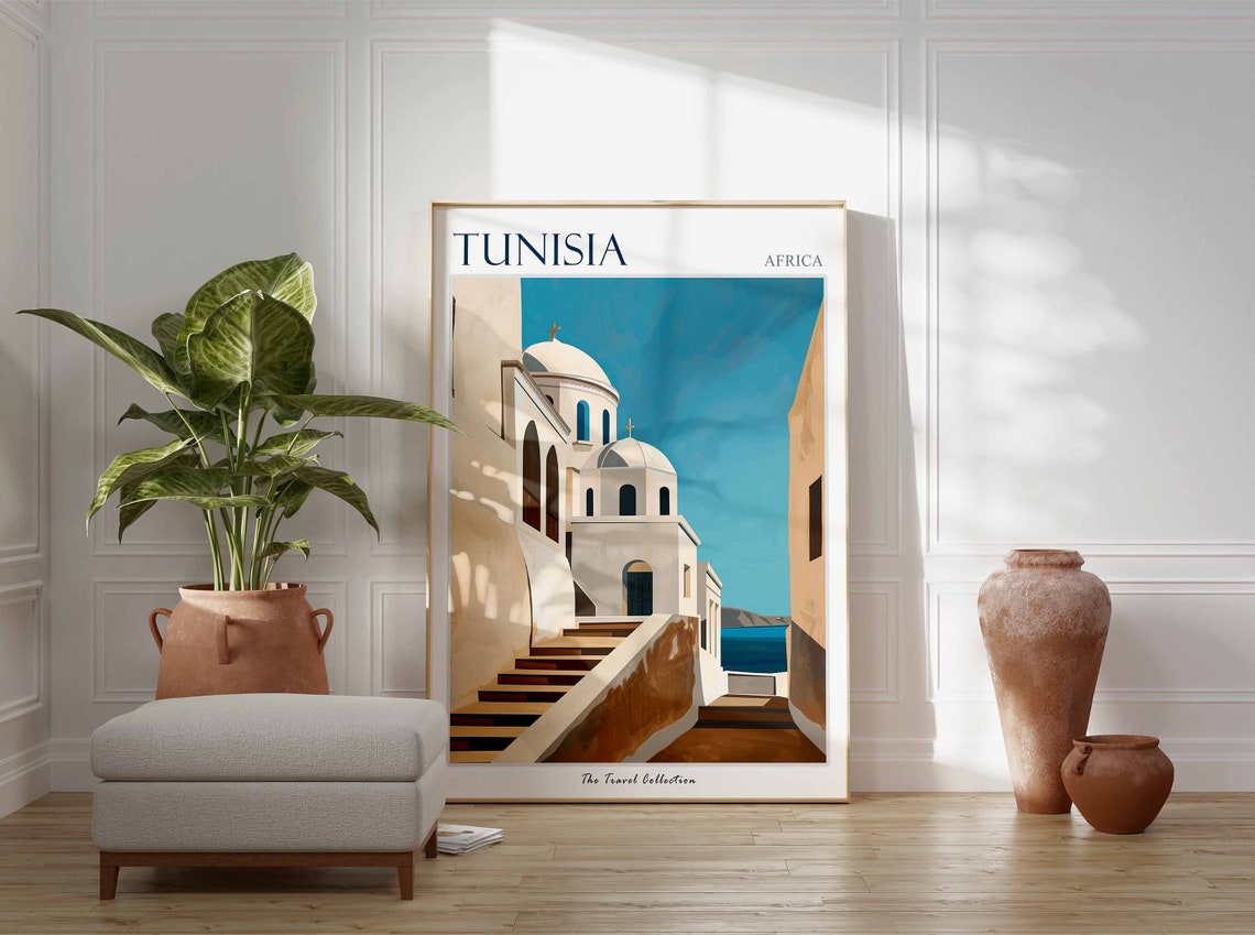 Tunisia Africa Whitewashed Church Steps Sea View Illustration Poster - Image 2