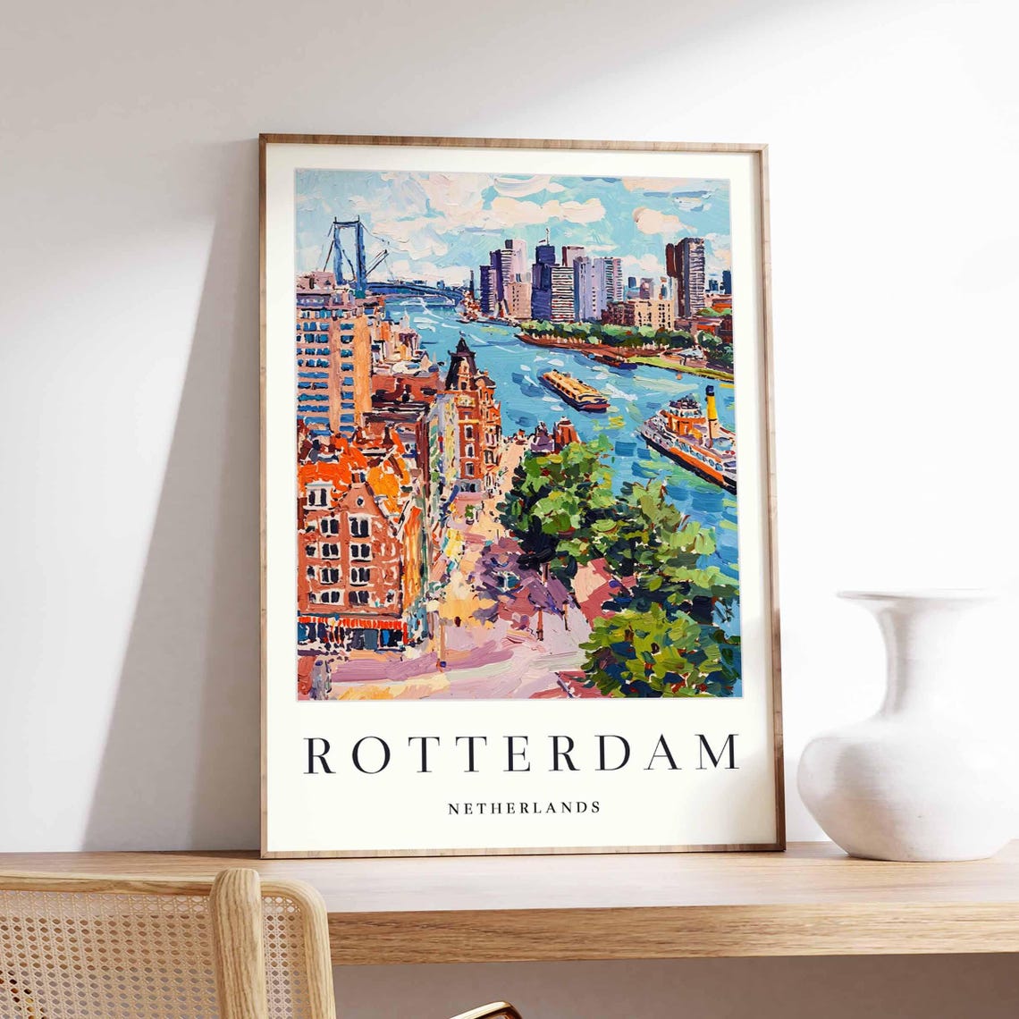 Rotterdam Netherlands Poster With Impressionist River Barges Bridge