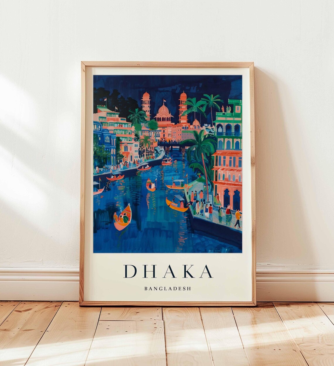 Dhaka Bangladesh River Boats Night Scene Minarets Art Poster