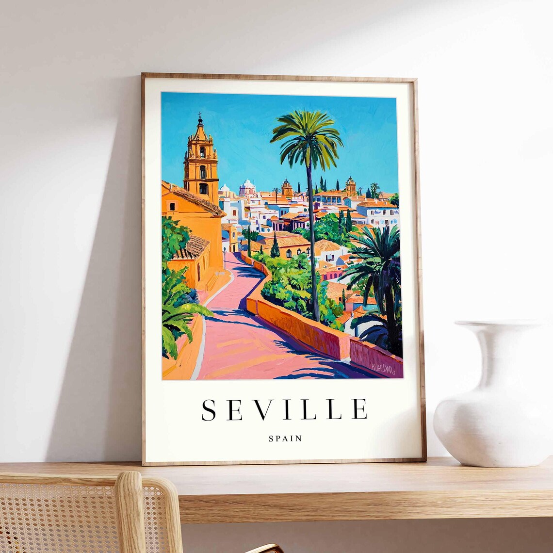 Seville Palm-Lined Winding Street and Bell Tower Poster Spain