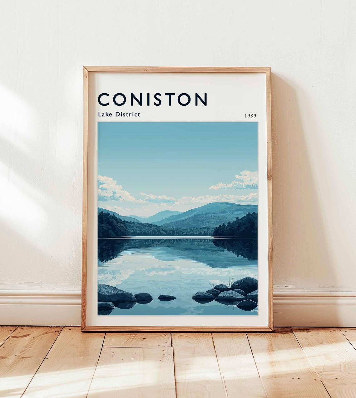Coniston Lake District 1989 Misty Lake Rocks Reflection Painting Poster