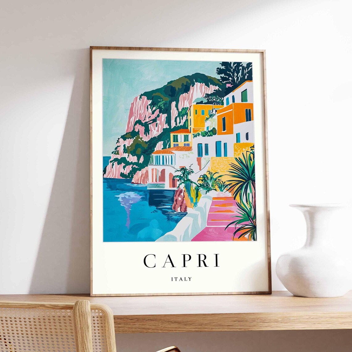 Capri Italy Pink Cliff Colorful Houses Palm Steps Watercolor Poster