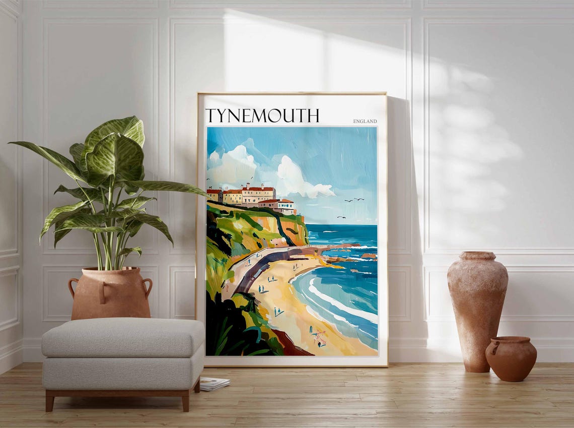 Tynemouth Green Cliffs Beach Red Roofs Coastal View Art Poster - Image 2