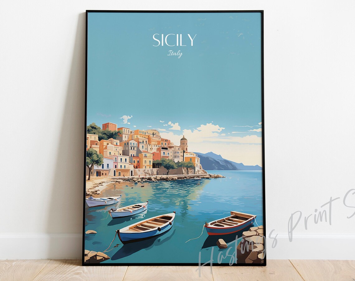 Sicily Italy Travel Poster Coastal Fishing Village Boats Sea View