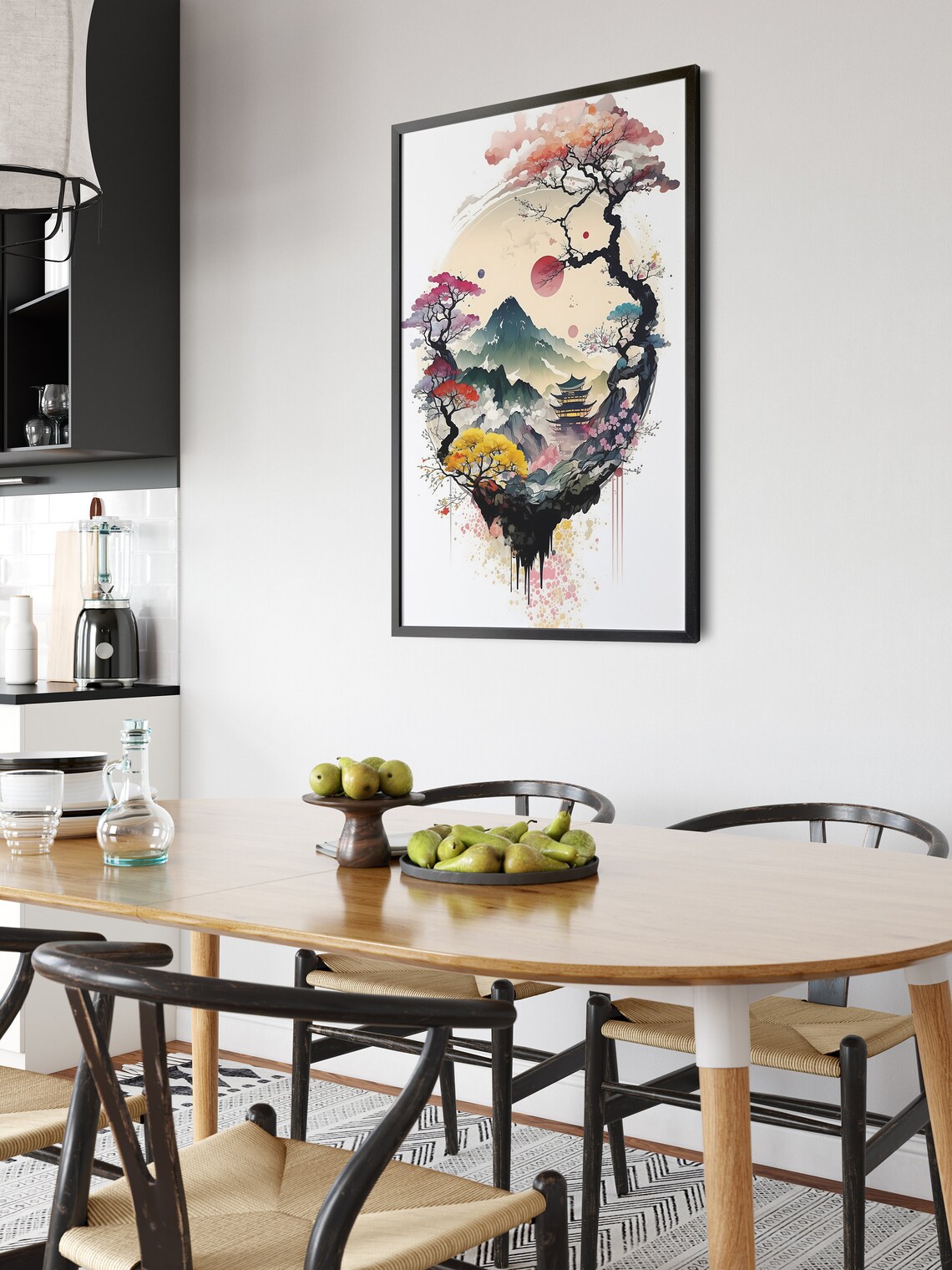Oriental Pagoda Cherry Blossom Mountain Watercolor Sunrise Wall Art - Image 5
