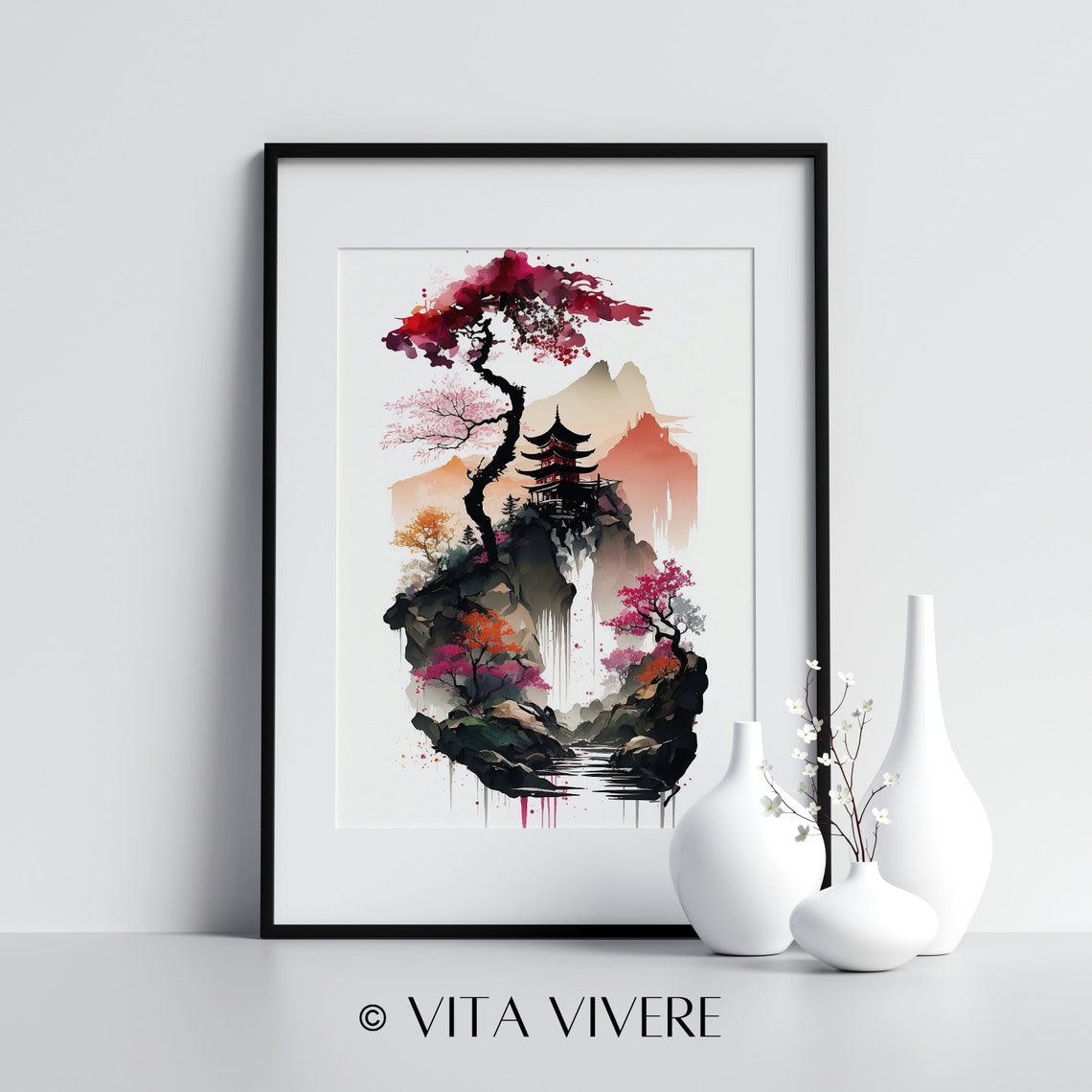 Japanese Watercolor Pagoda With Red Ink Tree Landscape Wall Art - Image 3