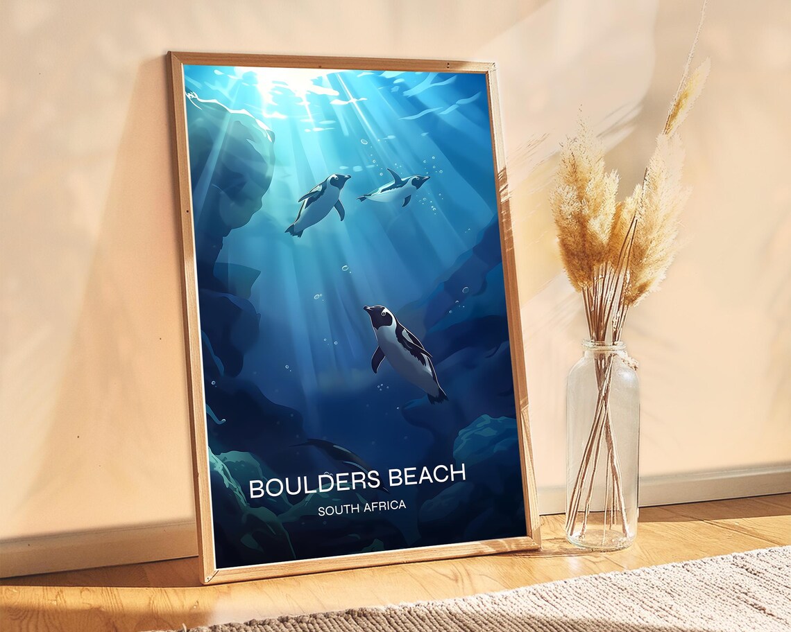 Boulders Beach South Africa Swimming Penguins Ocean Travel Poster