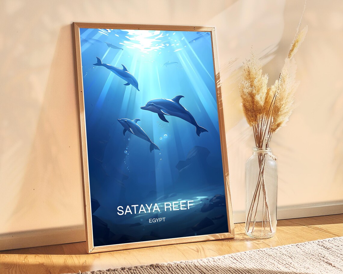 Sataya Reef Egypt Dolphins Underwater Sunlight Dive Travel Poster
