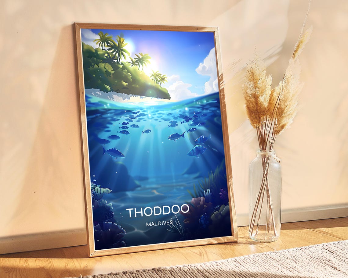 Thoddoo Maldives Tropical Fish School Underwater Island Poster