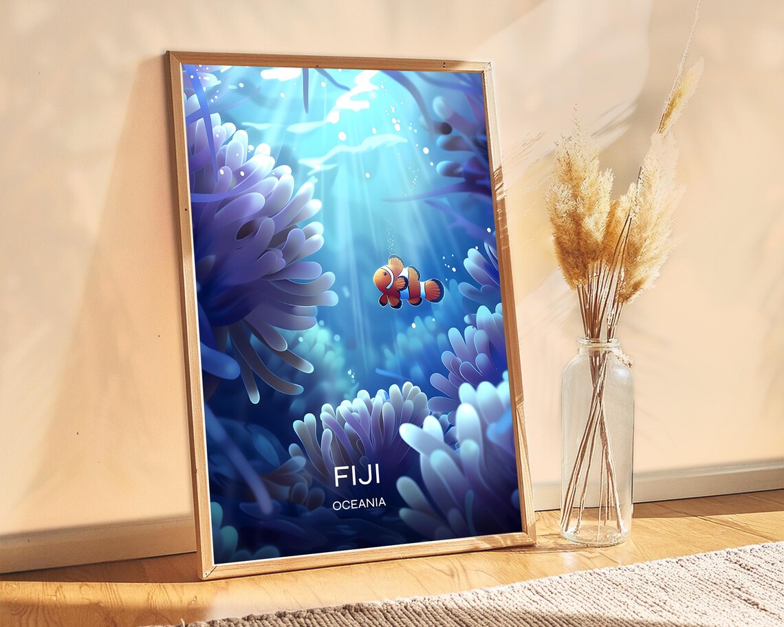 Fiji Oceania Clownfish Coral Reef Underwater Dive Travel Poster