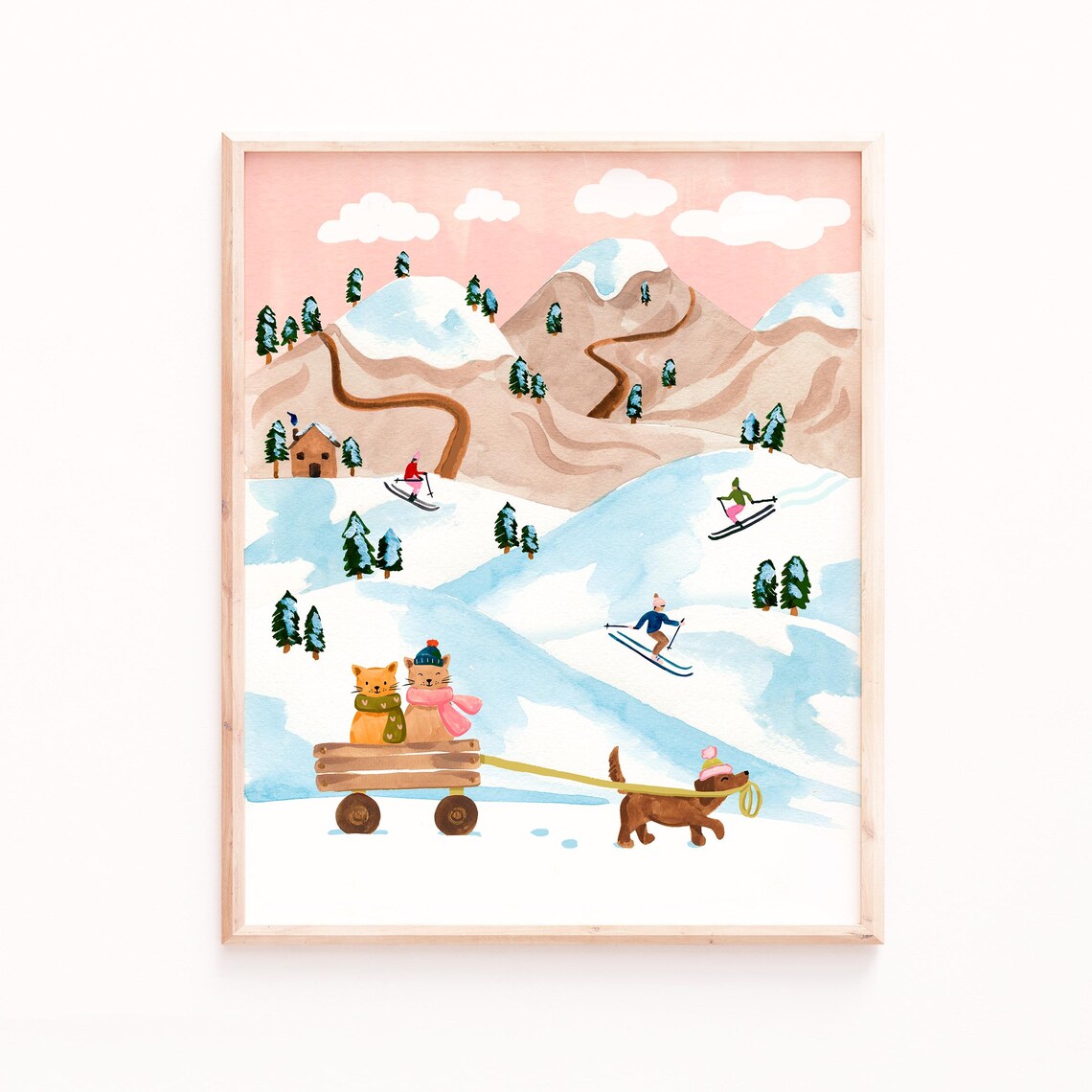 Whimsical Winter Ski Art Print, Mountain Landscape