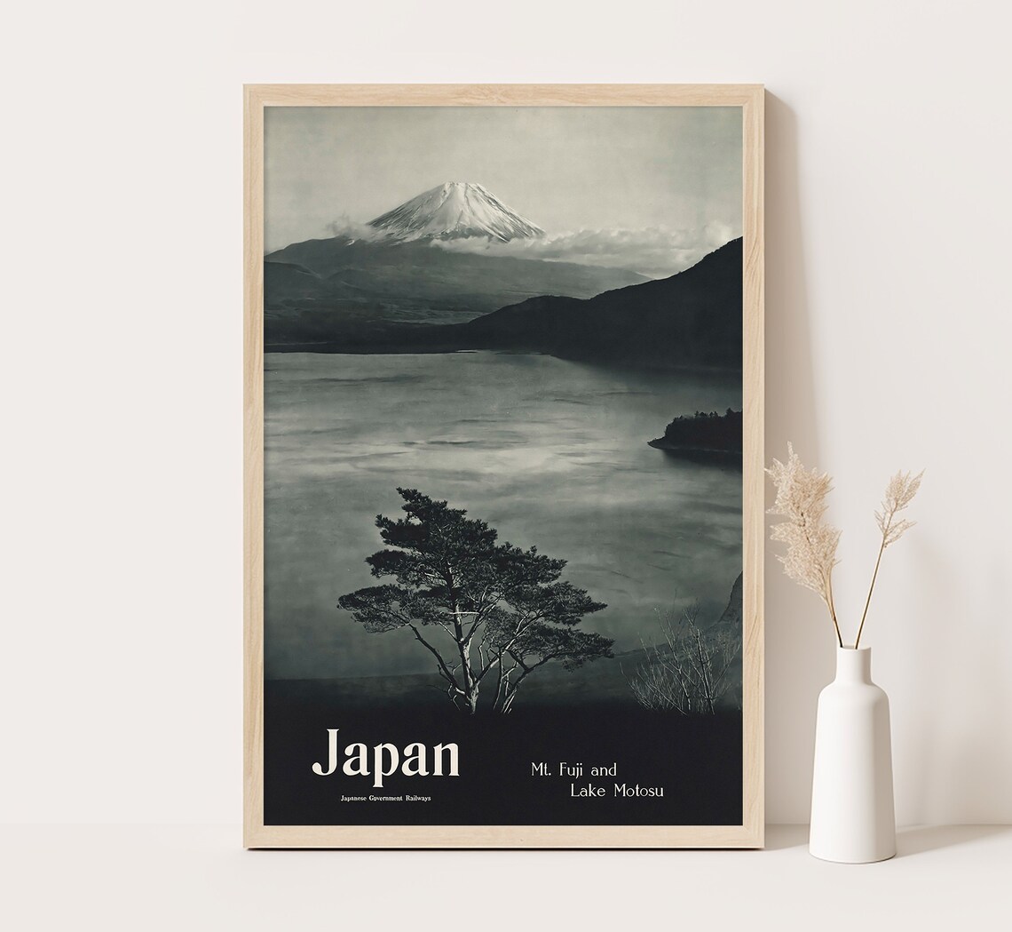 Japan Mount Fuji Lake Motosu Black White Pine Vintage Travel Poster