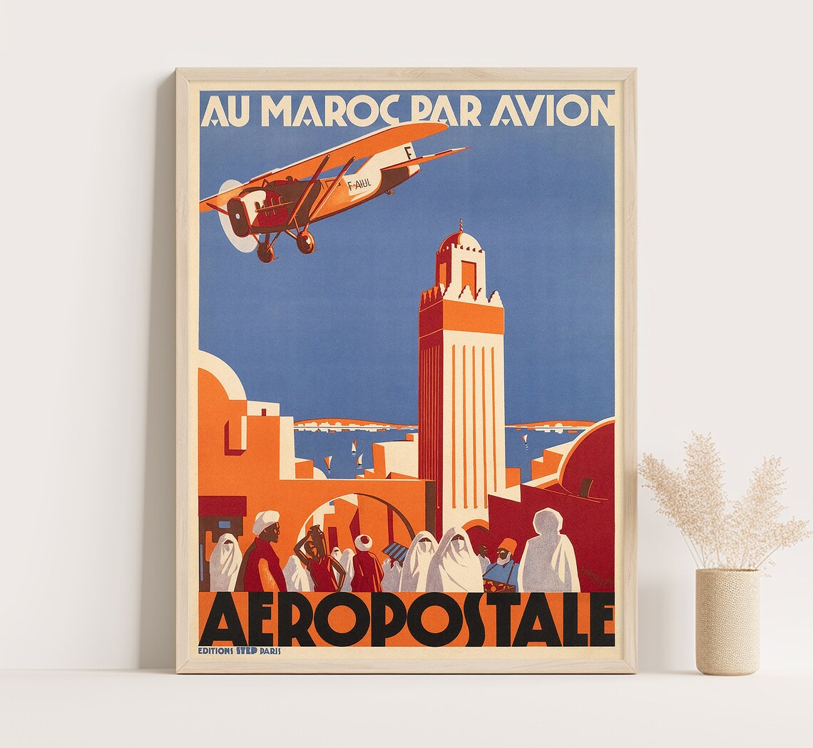 Morocco Au Maroc Par Avion Aeropostale Biplane Medina Minaret Poster