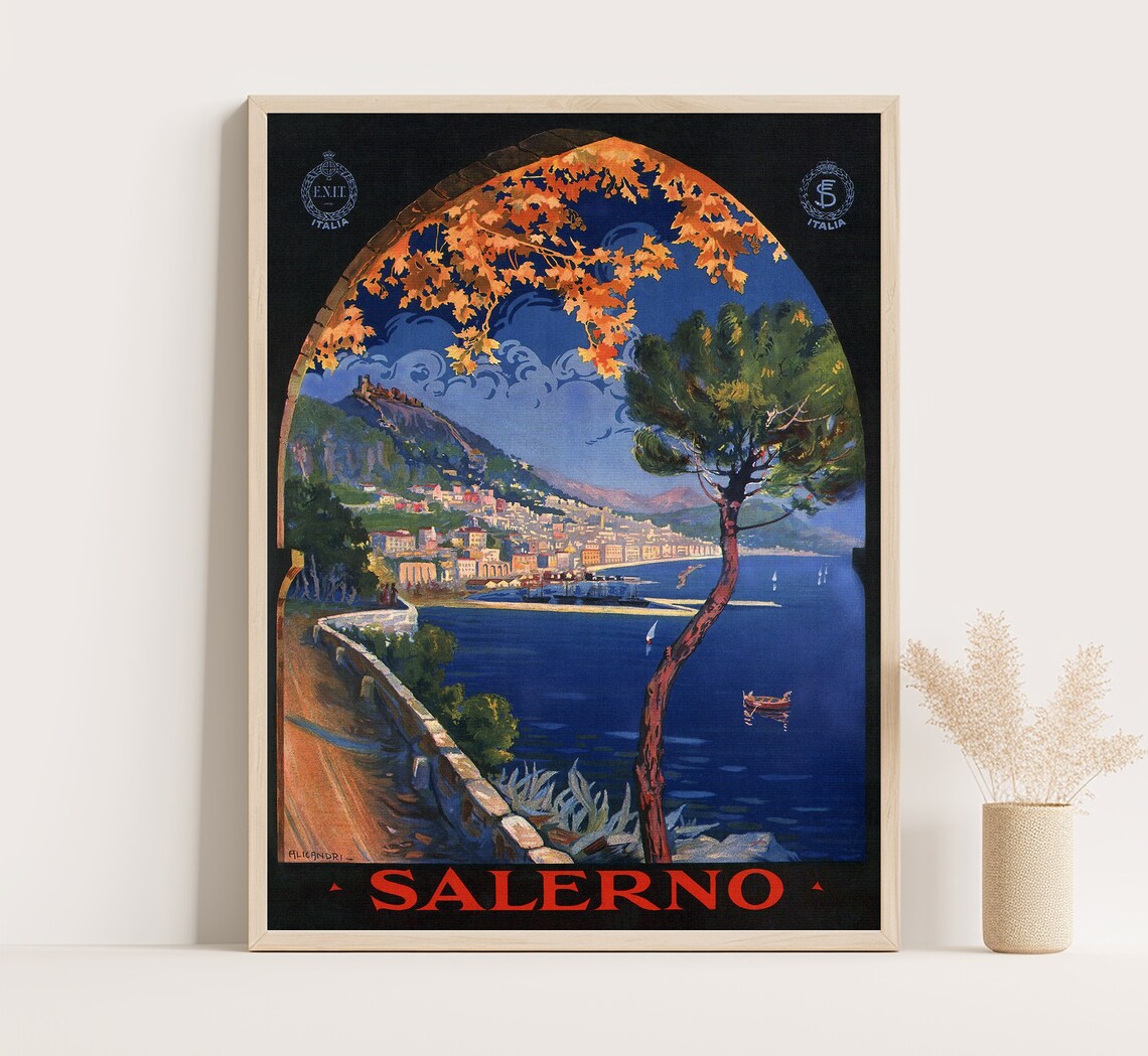 Salerno Italy Vintage Travel Poster, Wall Art Print