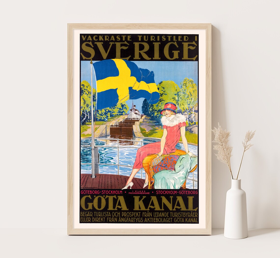 Gota Kanal Sweden Swedish Flag Canal Boat Voyage Vintage Travel Poster