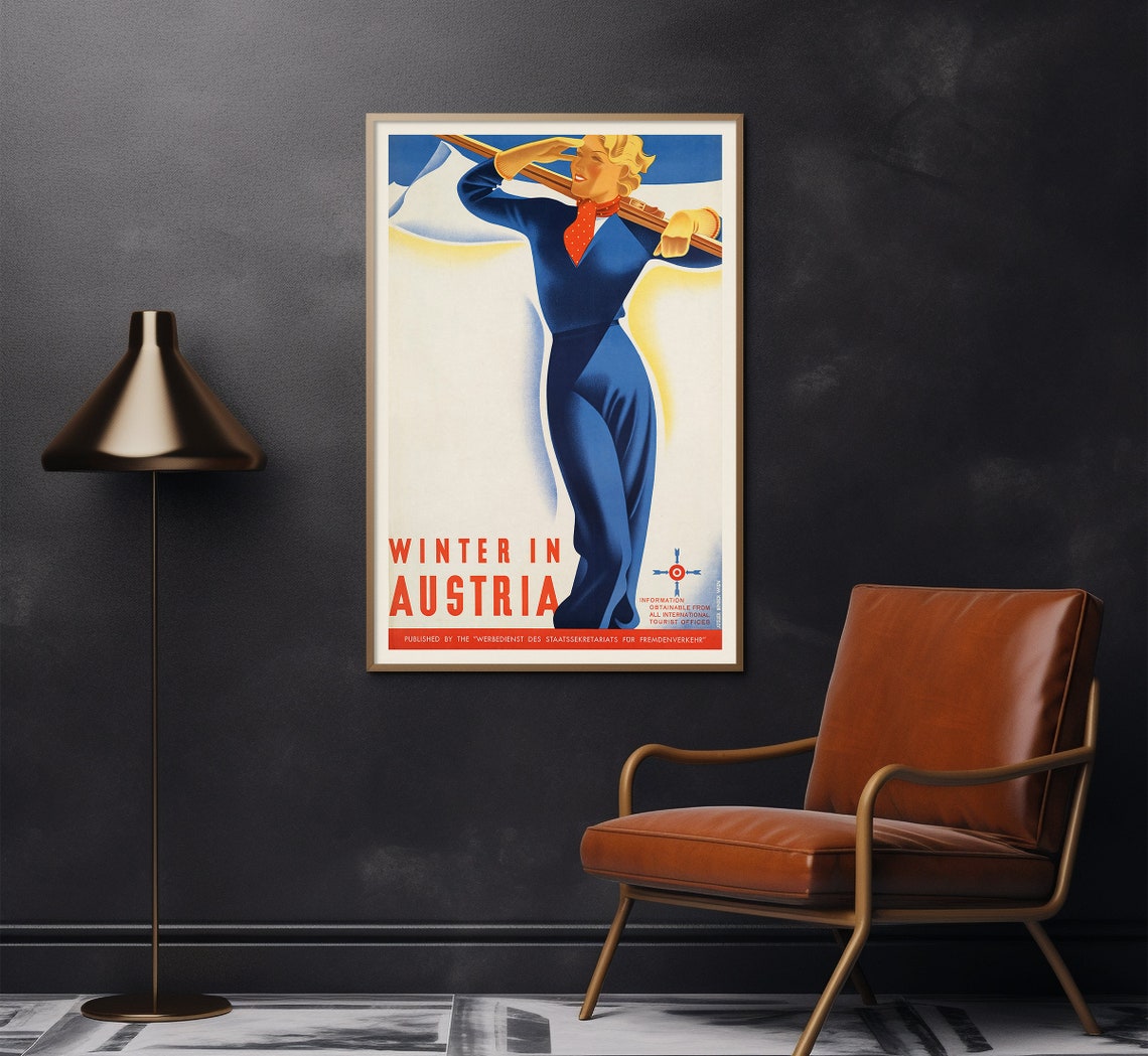 Winter In Austria Smiling Skier Alpine Snow Vintage Travel Poster - Image 2