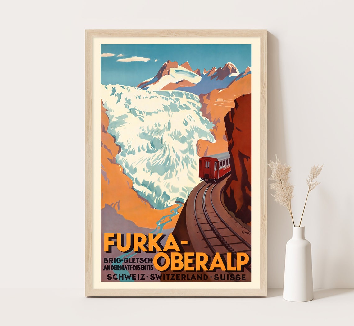 Furka Oberalp Rhone Glacier Red Train Vintage Railway Travel Print