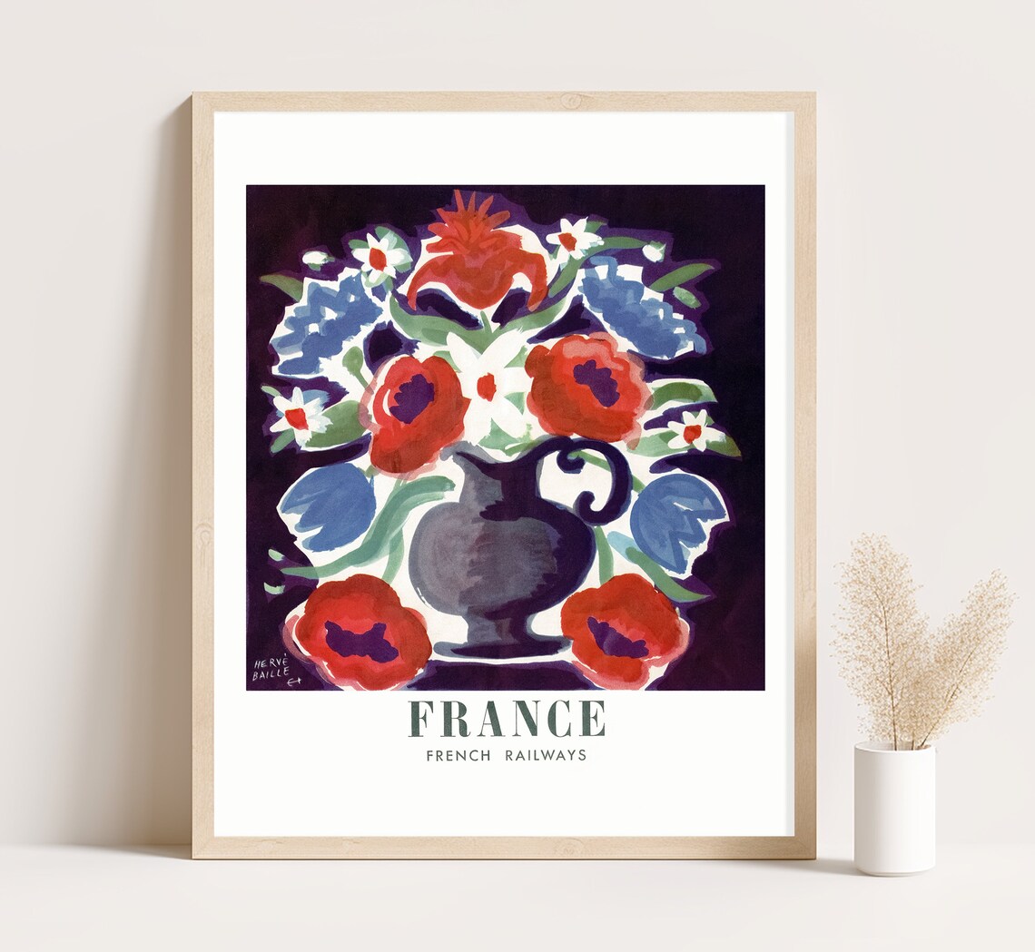 France French Railways Red Poppy Floral Bouquet Vintage Travel Poster