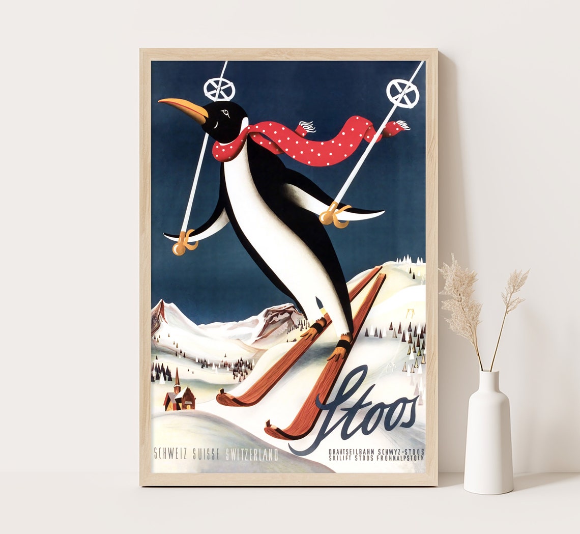 Stoos Switzerland Skiing Penguin Red Scarf Night Slopes Vintage Poster