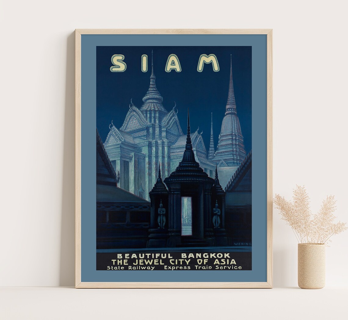 Siam Beautiful Bangkok Jewel City Of Asia Night Temple Travel Poster