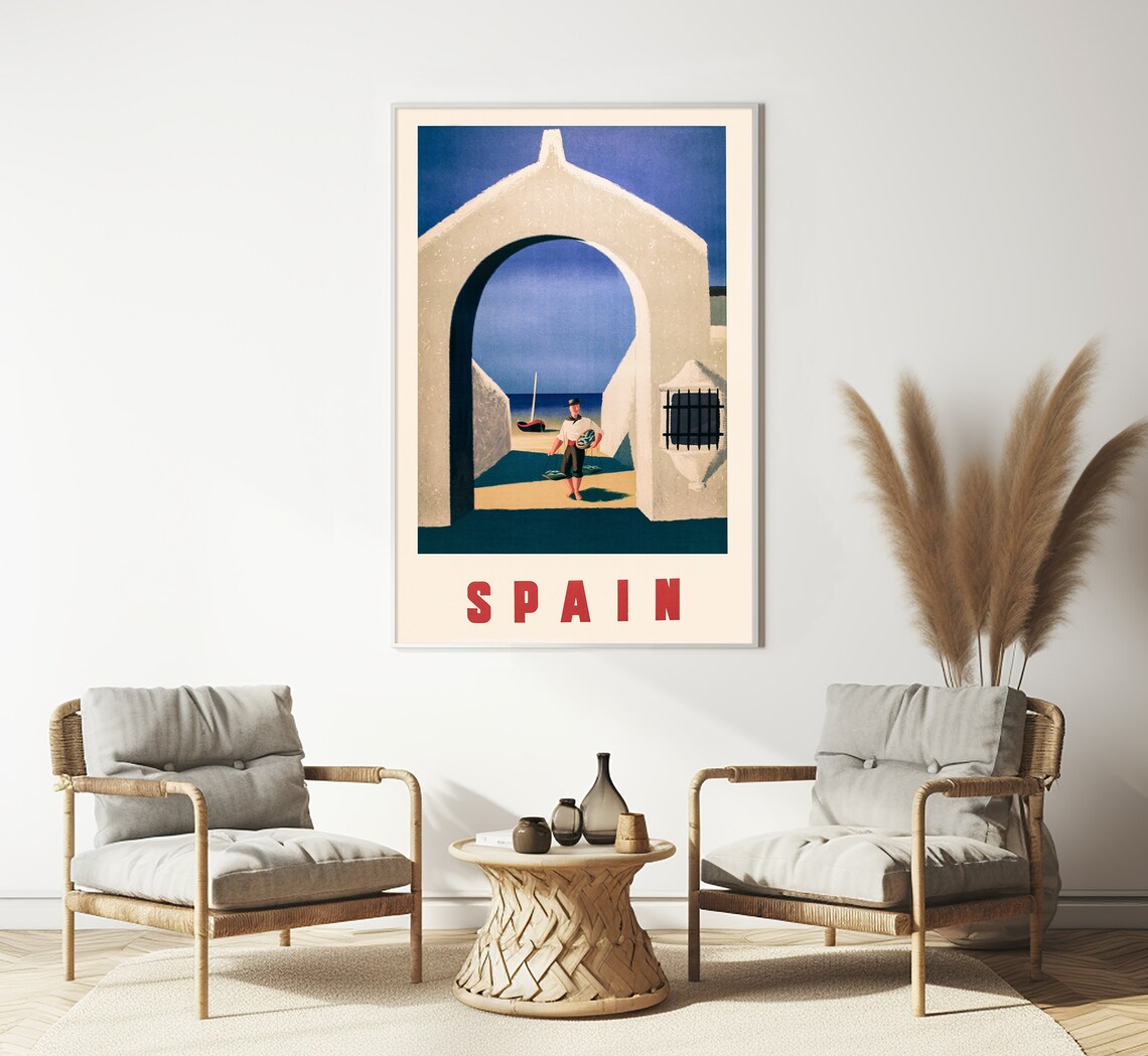 Spain Moorish Arch Beach Fisherman Sailboat Blue Sky Vintage Poster - Image 3