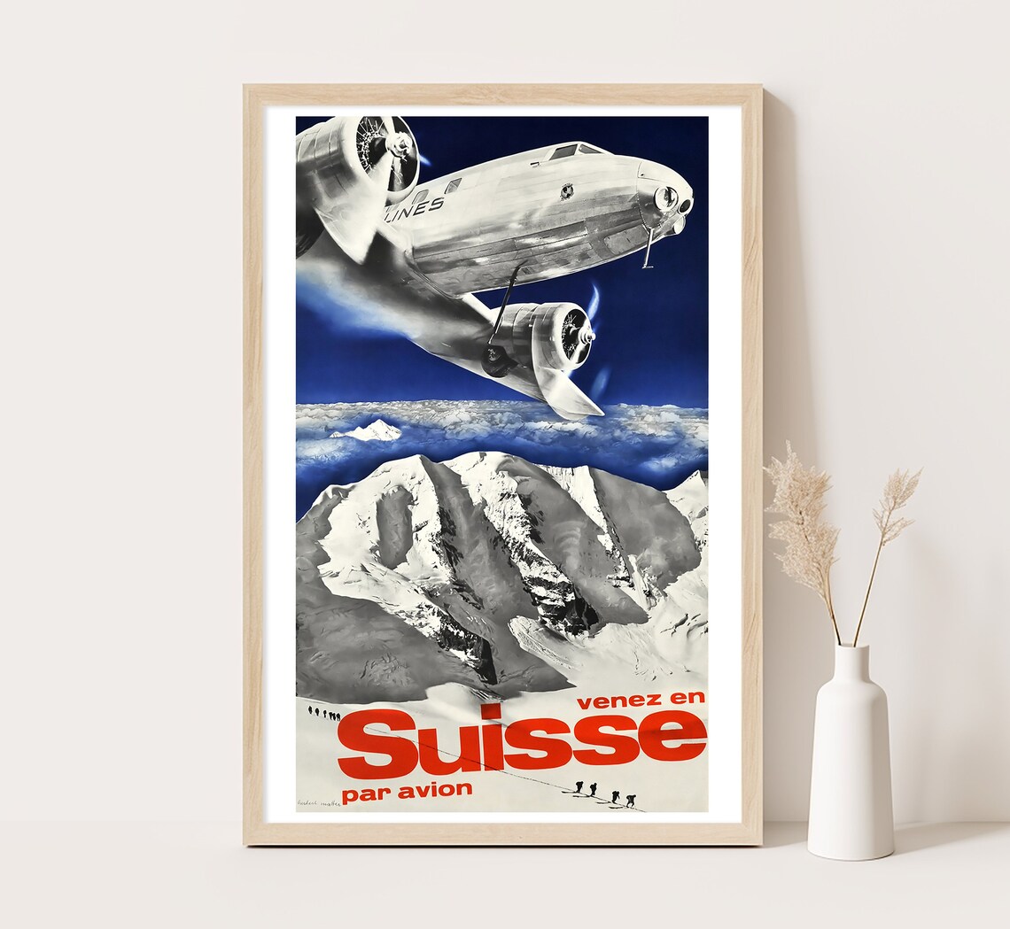 Venez En Suisse Par Avion Silver Airplane Snowy Alps Travel Poster