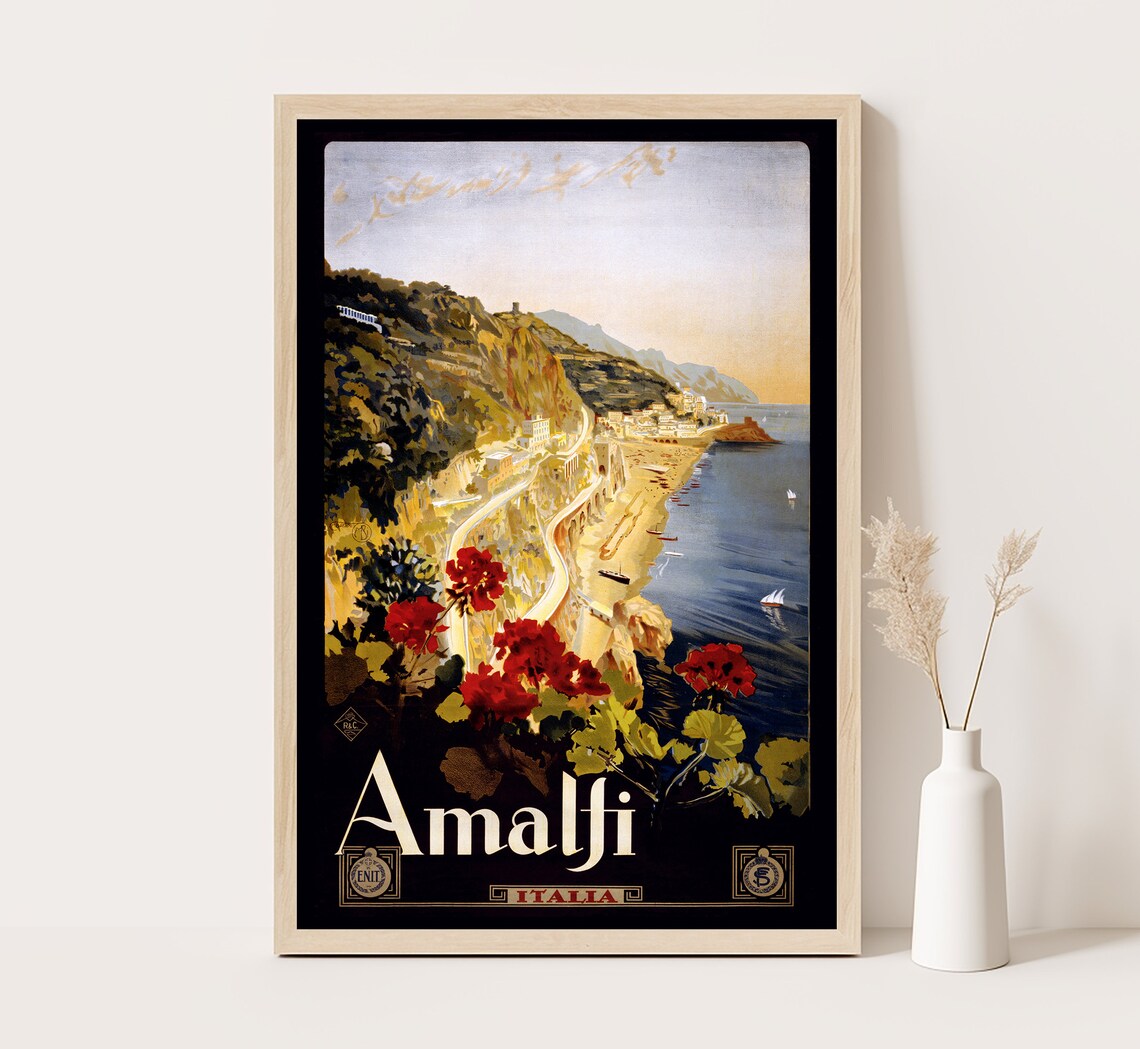 Amalfi Italy Winding Cliff Road Sea Flowers Vintage Coast Poster